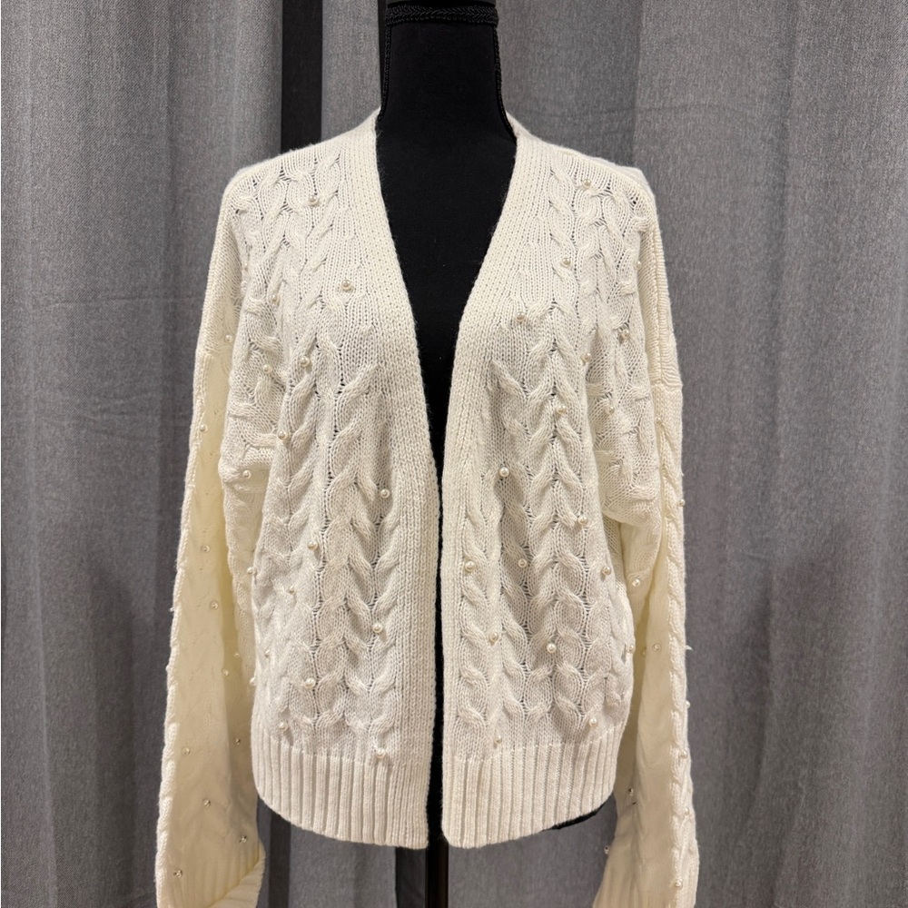 NWT- Sarah Open Cream w/Pearls Pointelle Cardigan Miami Sweater - Size M